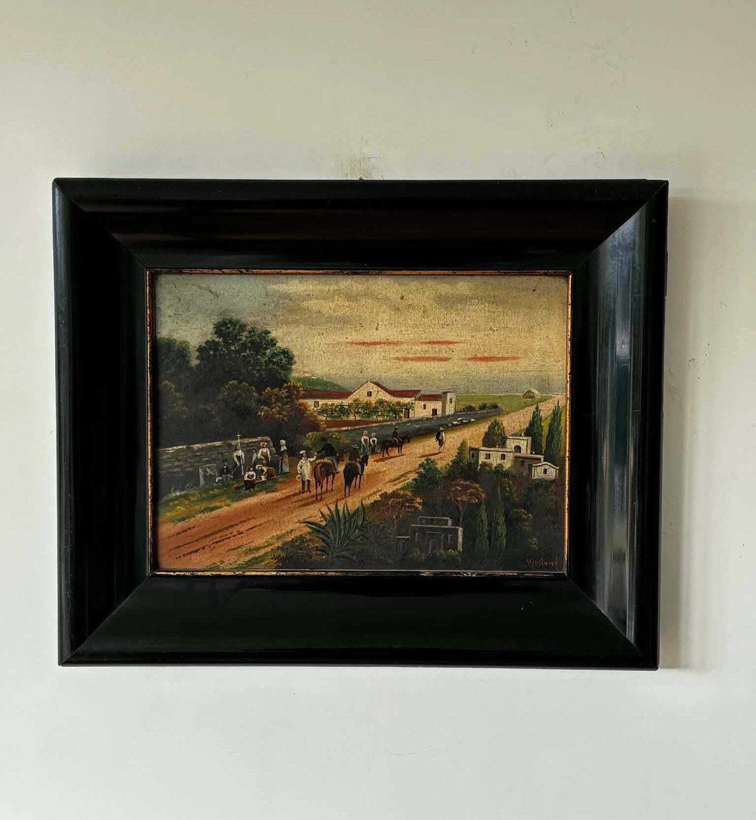 Antique Framed Oil Painting, European Countryside Scene With Horse Riders, Signed Painting photo furniture