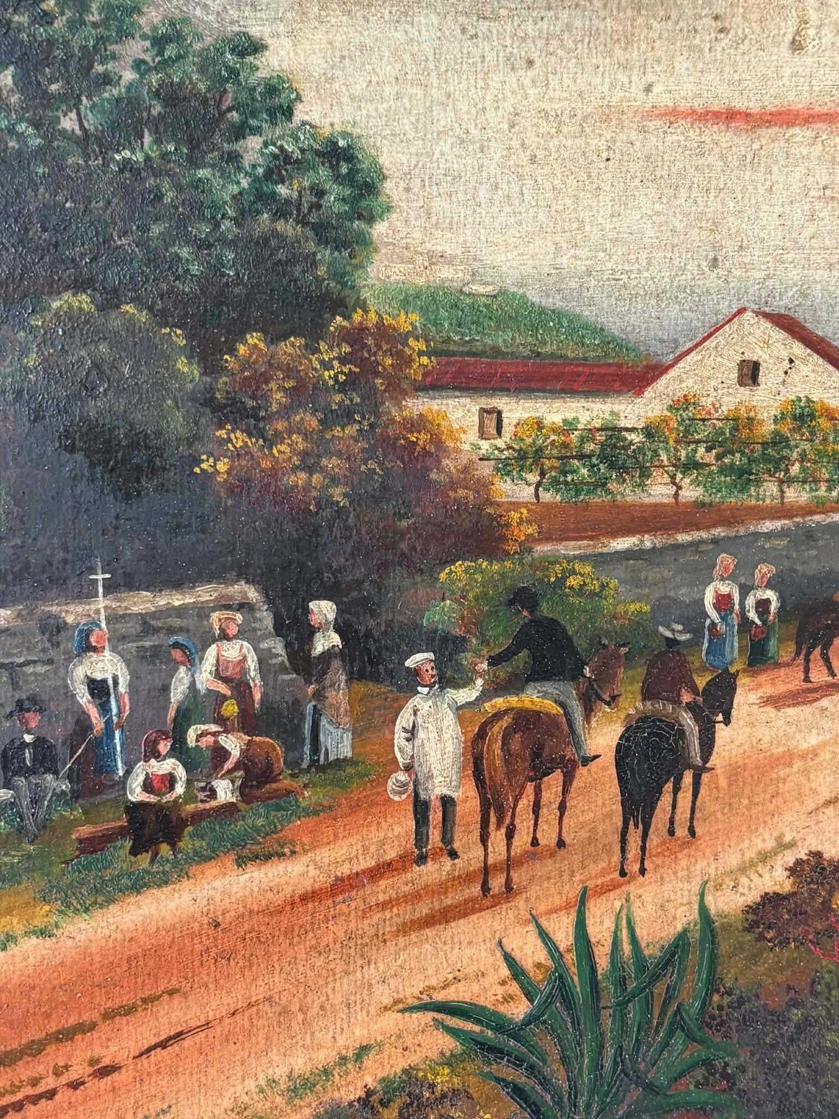Antique Framed Oil Painting, European Countryside Scene With Horse Riders, Signed Painting photo vintage
