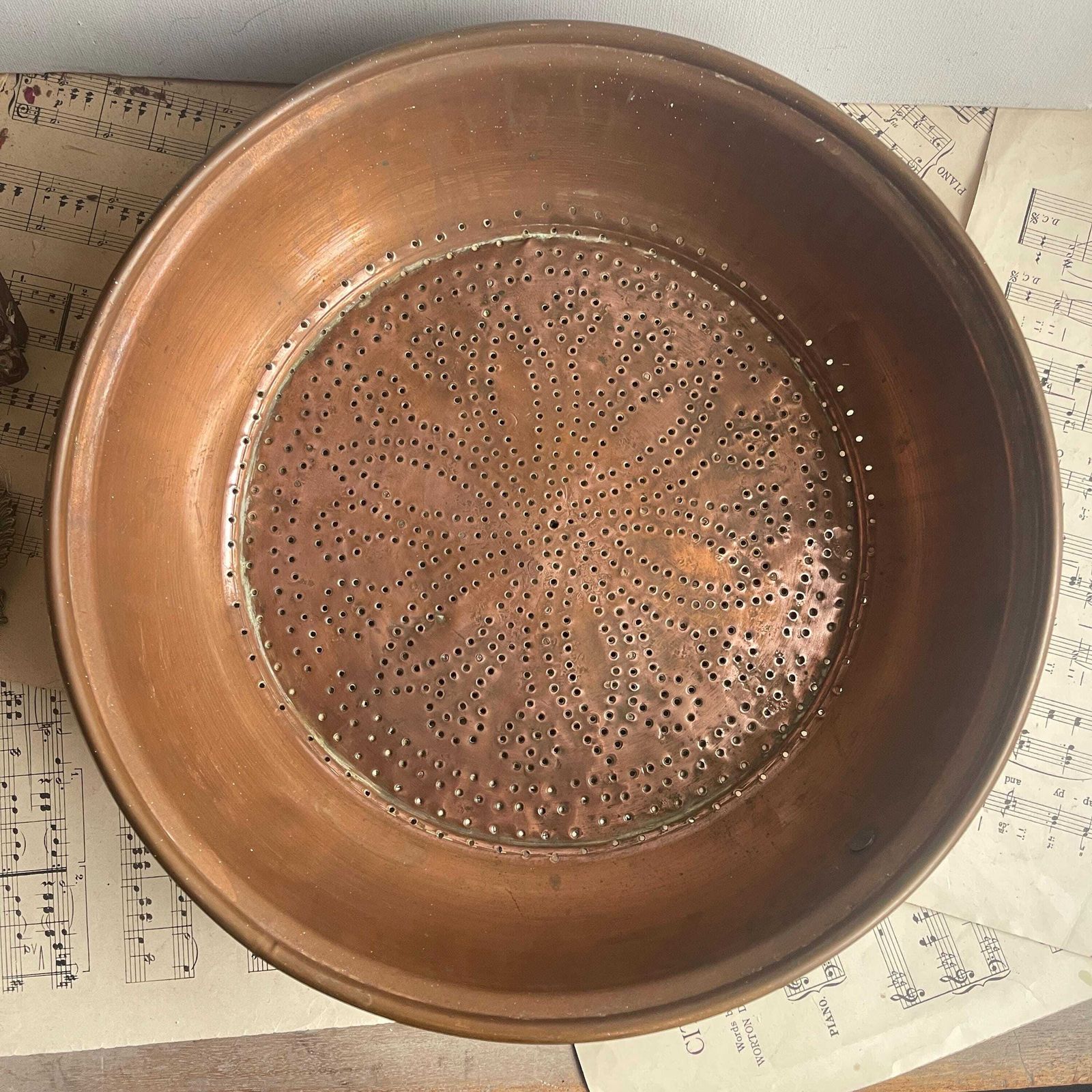 Antique French Copper Sieve   Wall Hanging Colander   Farmhouse Country Kitchen Decor