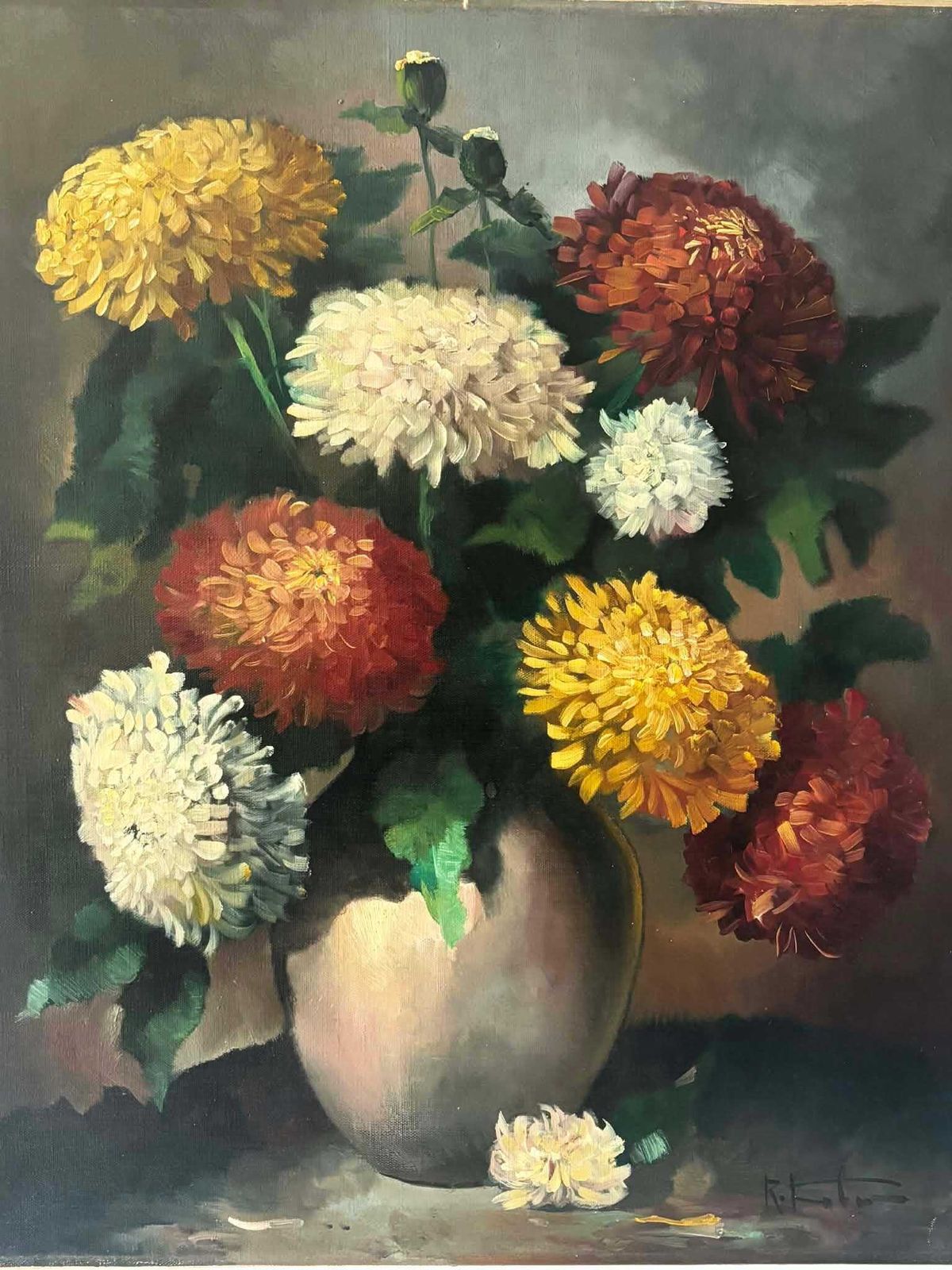 Vintage Elegant Floral Still Life Oil Painting, Chrysanthemums In Vase, Signed Wall Art photo furniture