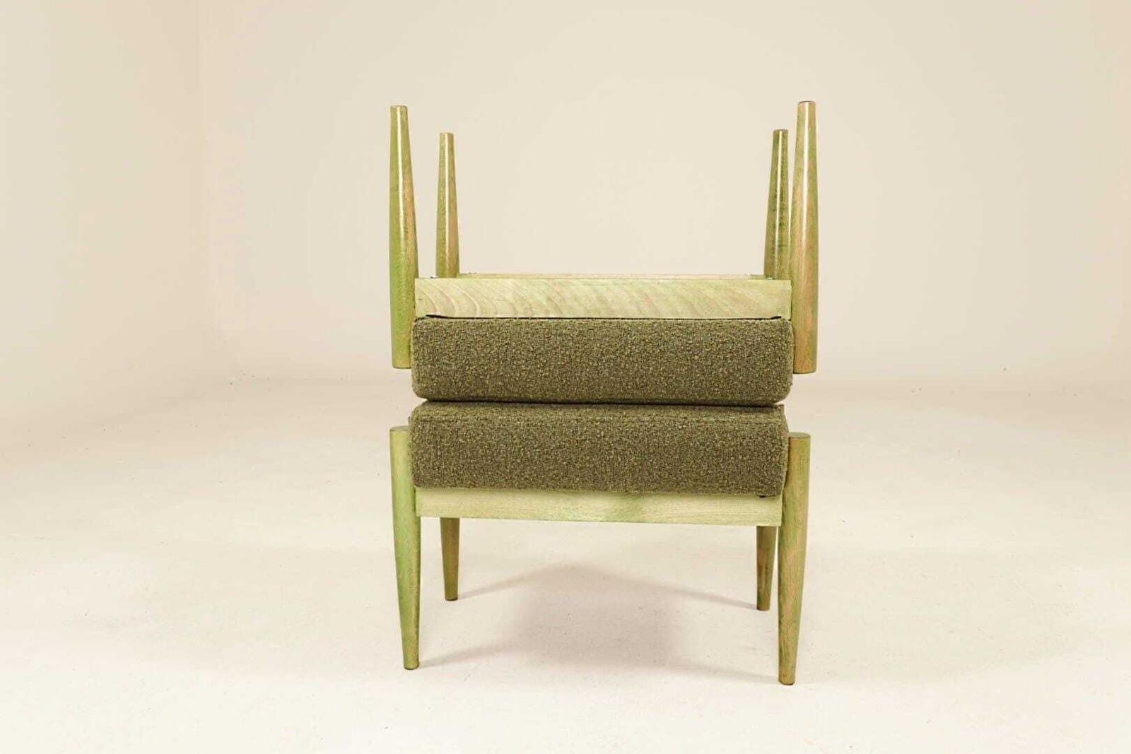 Set Of Two Vintage Style Footstools, Unique Design Green Wood And Bouclé Upholstery photo for sale