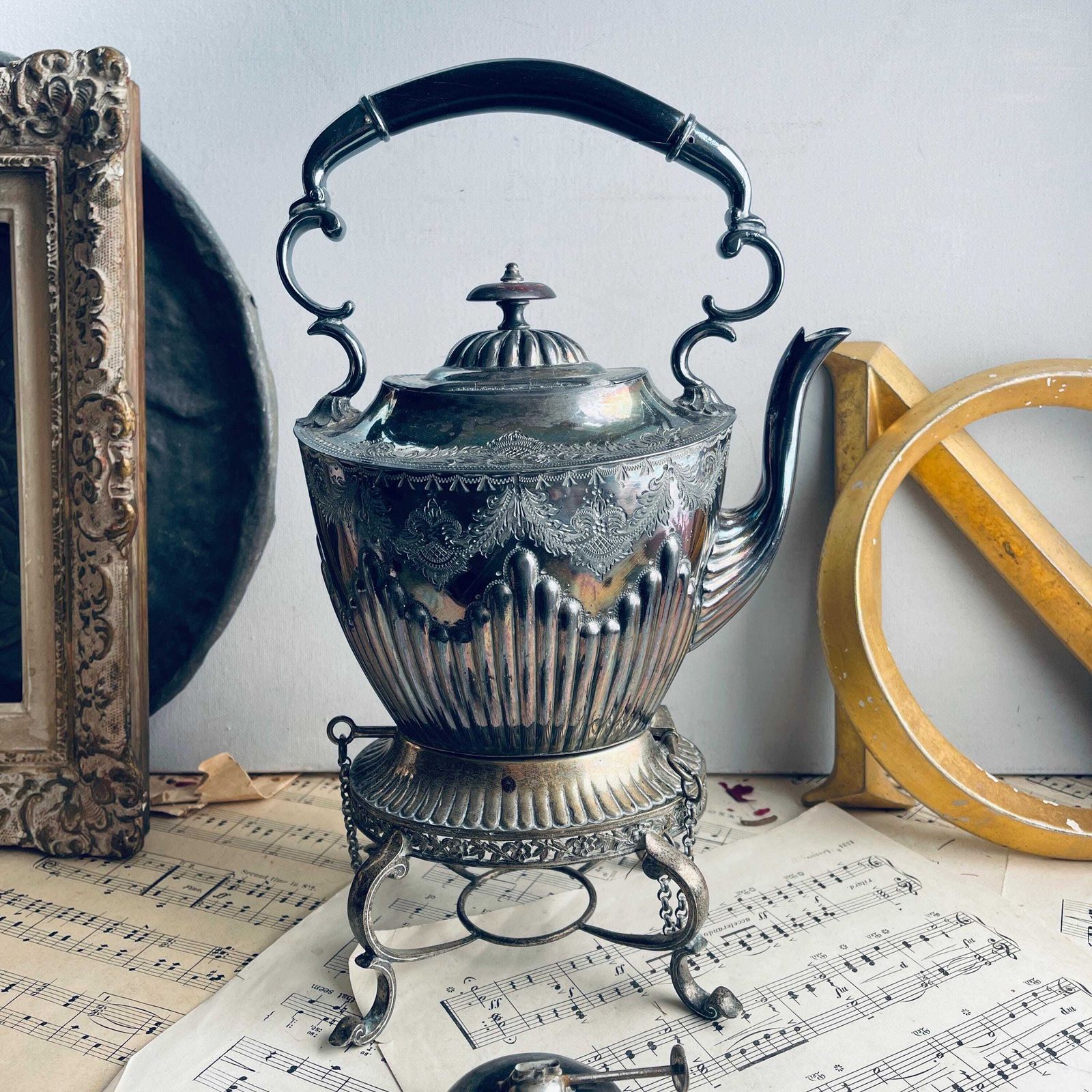 Antique Silver Plated Spirit Kettle On Stand. Victorian. Israel Sigmund Greenberg. Photo Props. Downton Abbey. Afternoon Tea Party
