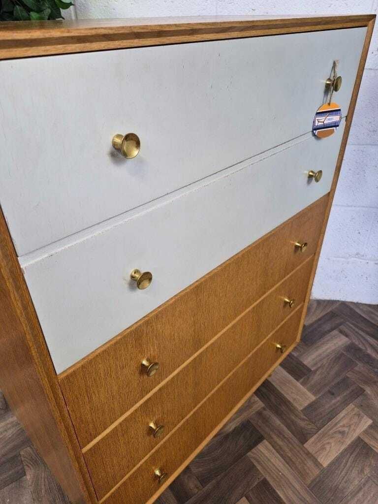 Vintage Mid Century Meredew Oak & White Chest Of 5 Drawers Tallboy Retro Scandi photo vinterior