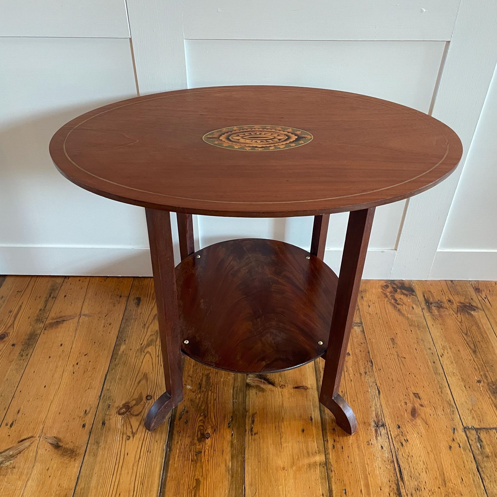 photo furniture Vintage Oval Wood Side Table Inlay Medallion Plant Stand Mid Century End Table Edwardian Style Round