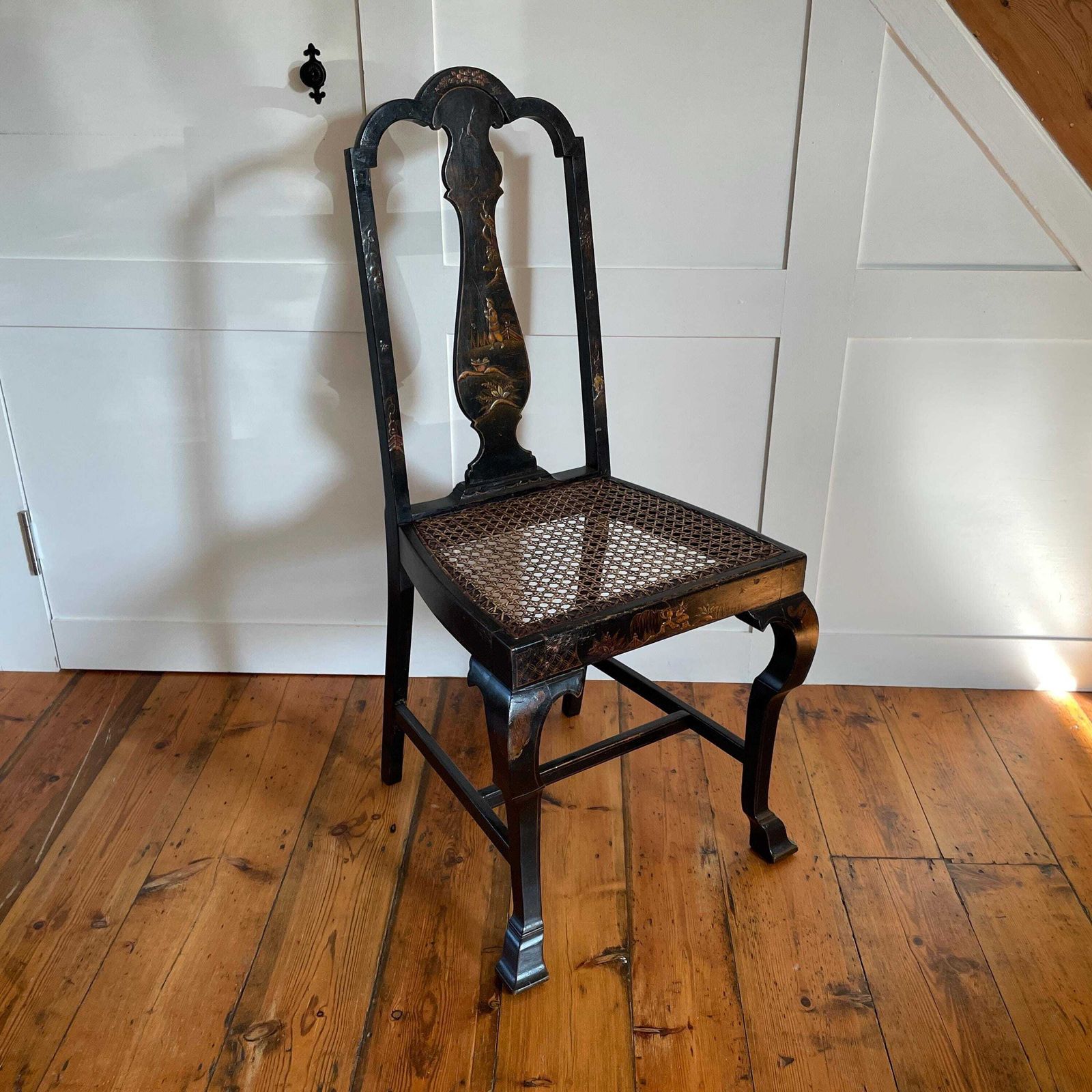 Oriental Wood Accent Chair Hand Painted Caned Seat Black Lacquer Chinoiserie Antique Early 20th Century Rattan Seat Decorative Accent photo furniture