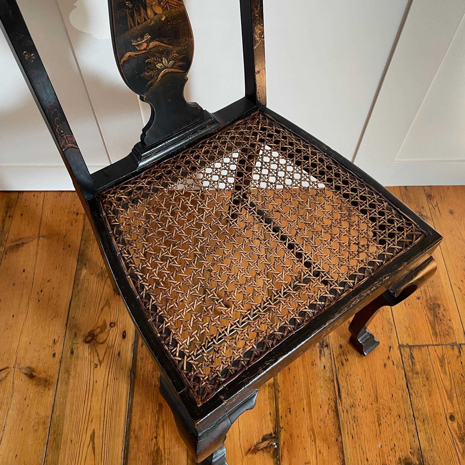 Oriental Wood Accent Chair Hand Painted Caned Seat Black Lacquer Chinoiserie Antique Early 20th Century Rattan Seat Decorative Accent photo Furniture