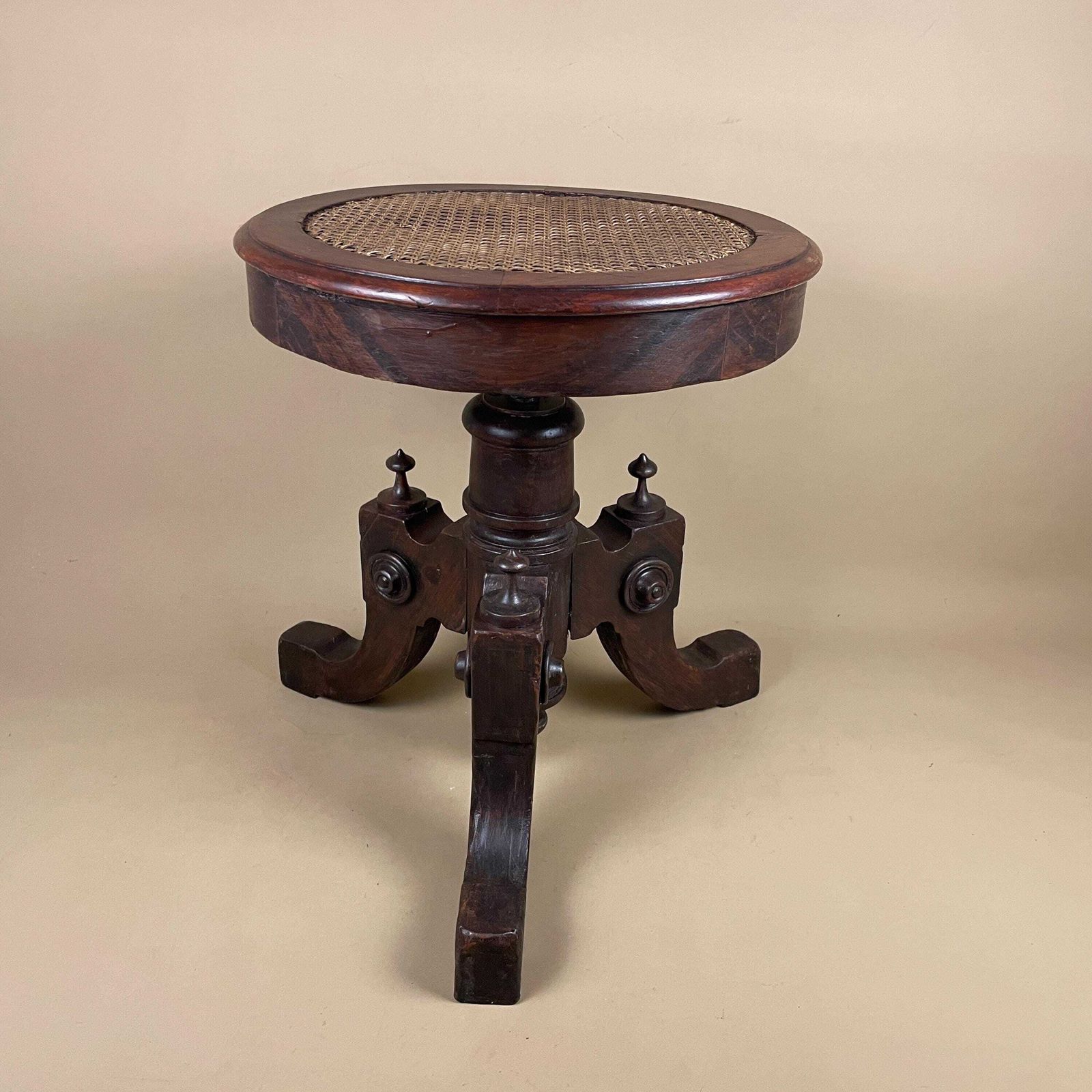 Antique Piano Stool Cane Rattan Seat Turned Wooden Legs Adjustable Round Classic Traditional Edwardian Style photo furniture