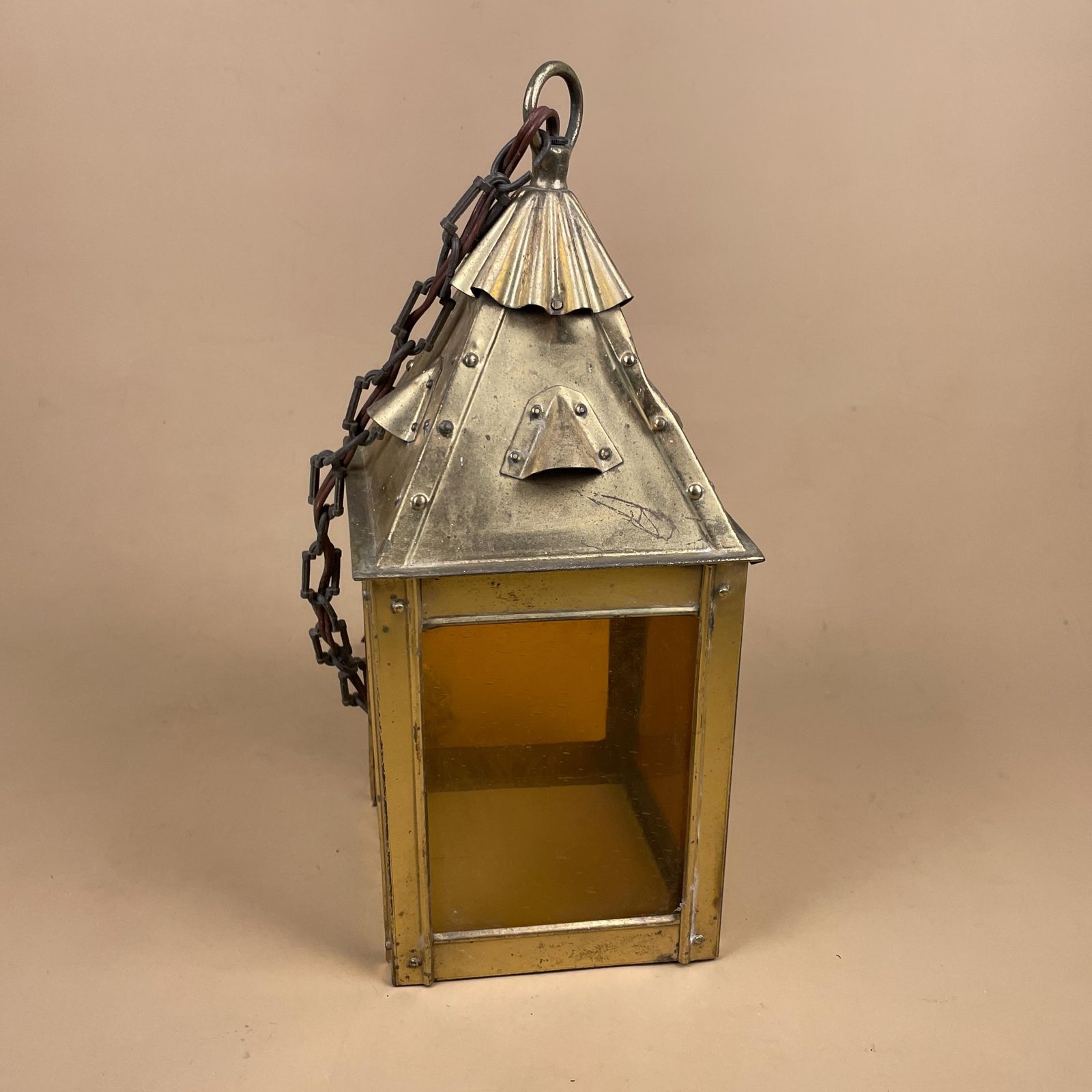 Vintage Brass Lantern Pendant Light With Amber Glass Moroccan Rustic Style Ceiling Light