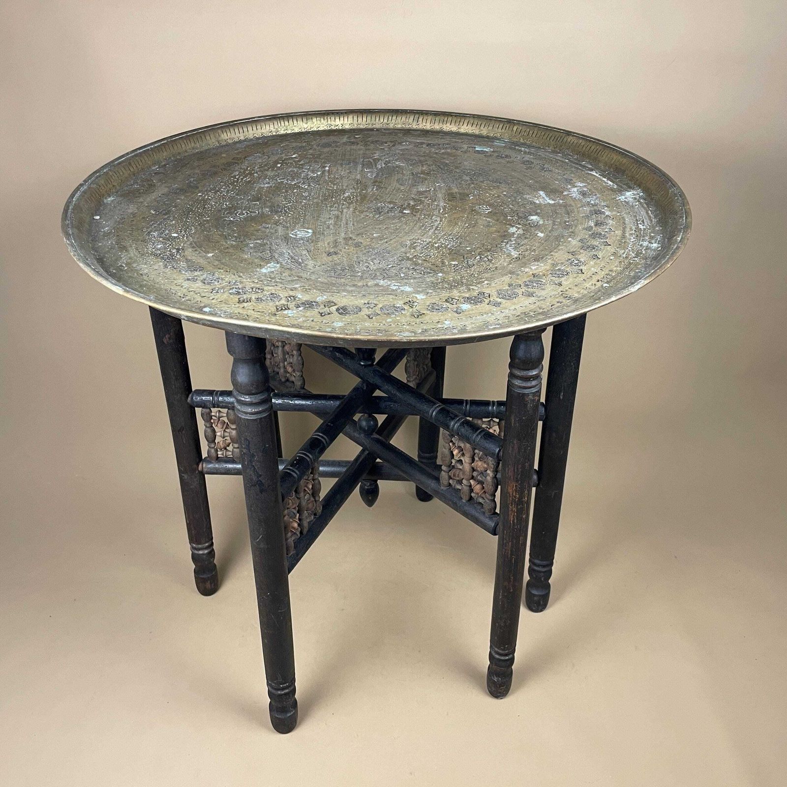 Indian Table Fold Down Wooden Legs Antique Brass Gold Metal Tray Circular Accent Intricate Decorative Patterned Round Coffee/End/Side Table photo for sale