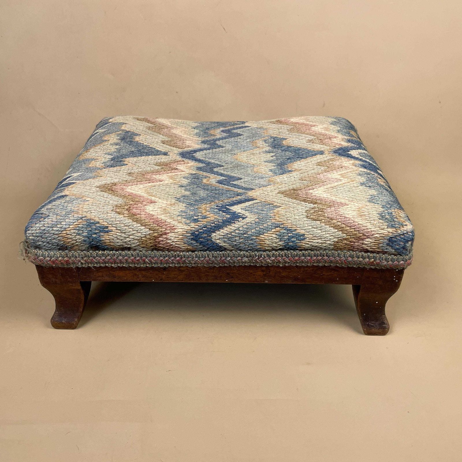 Vintage Upholstered Footstool Blue Cream Retro Pattern Fringe Trim Wooden Legs Mid Century Small Ottoman Cottage Decor photo for sale