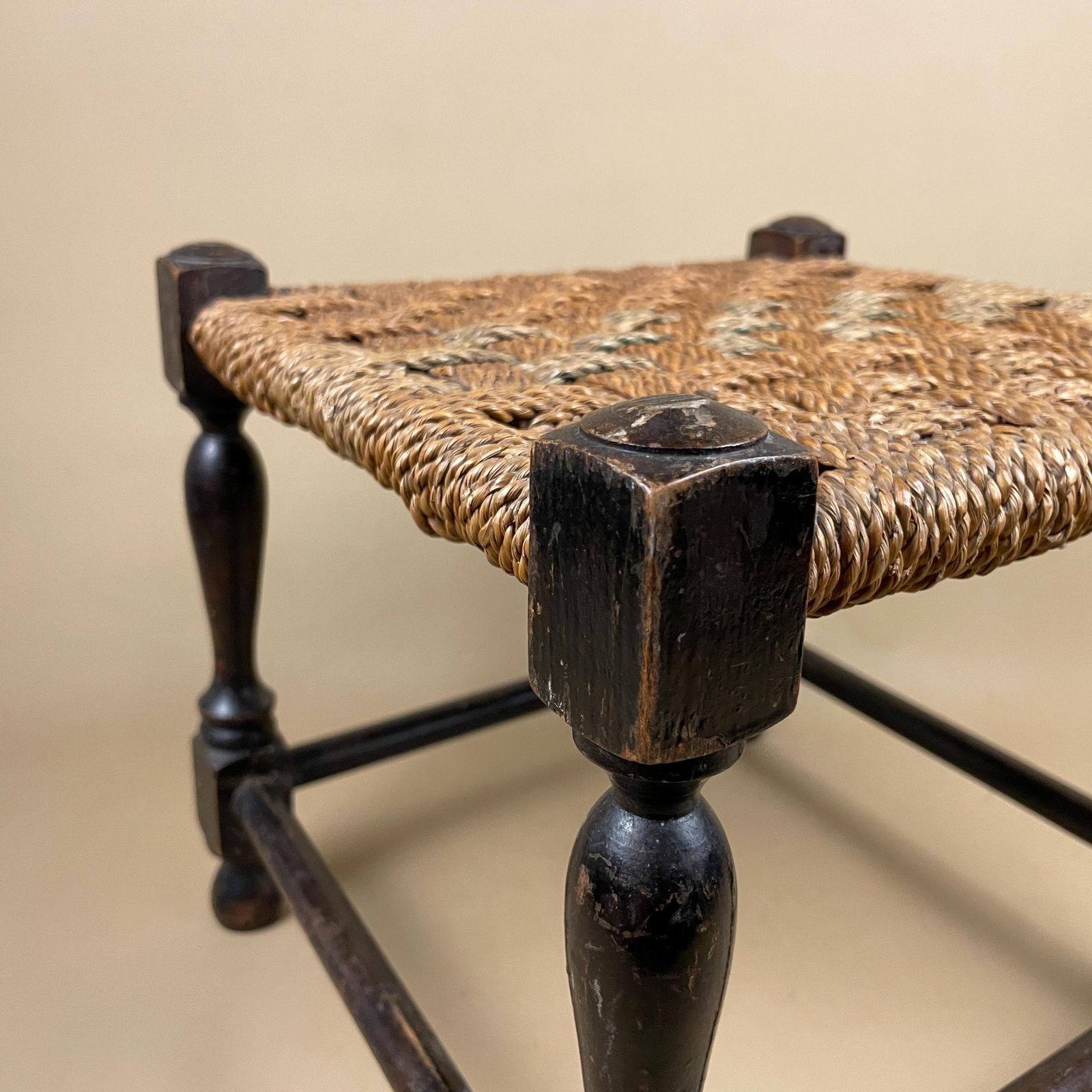 Wooden Footstool Woven Top Cottage Furniture Brown String Foot Stool Antique Farmhouse Style Entryway Hallway Accent Decorative photo 55.0