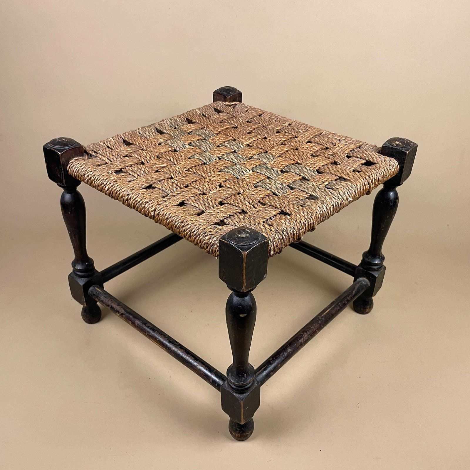 Wooden Footstool Woven Top Cottage Furniture Brown String Foot Stool Antique Farmhouse Style Entryway Hallway Accent Decorative photo buy