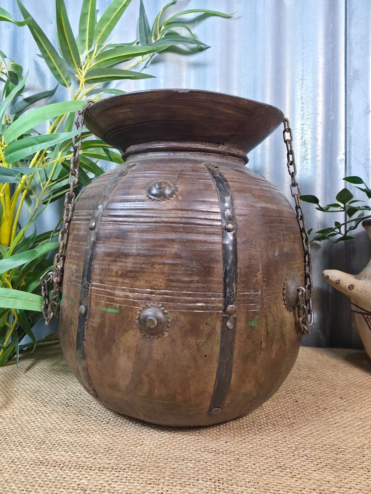 Vintage Antique Wabi Sabi Rustic Hanging Nepalese Wooden Water Curd Pot Vase photo furniture