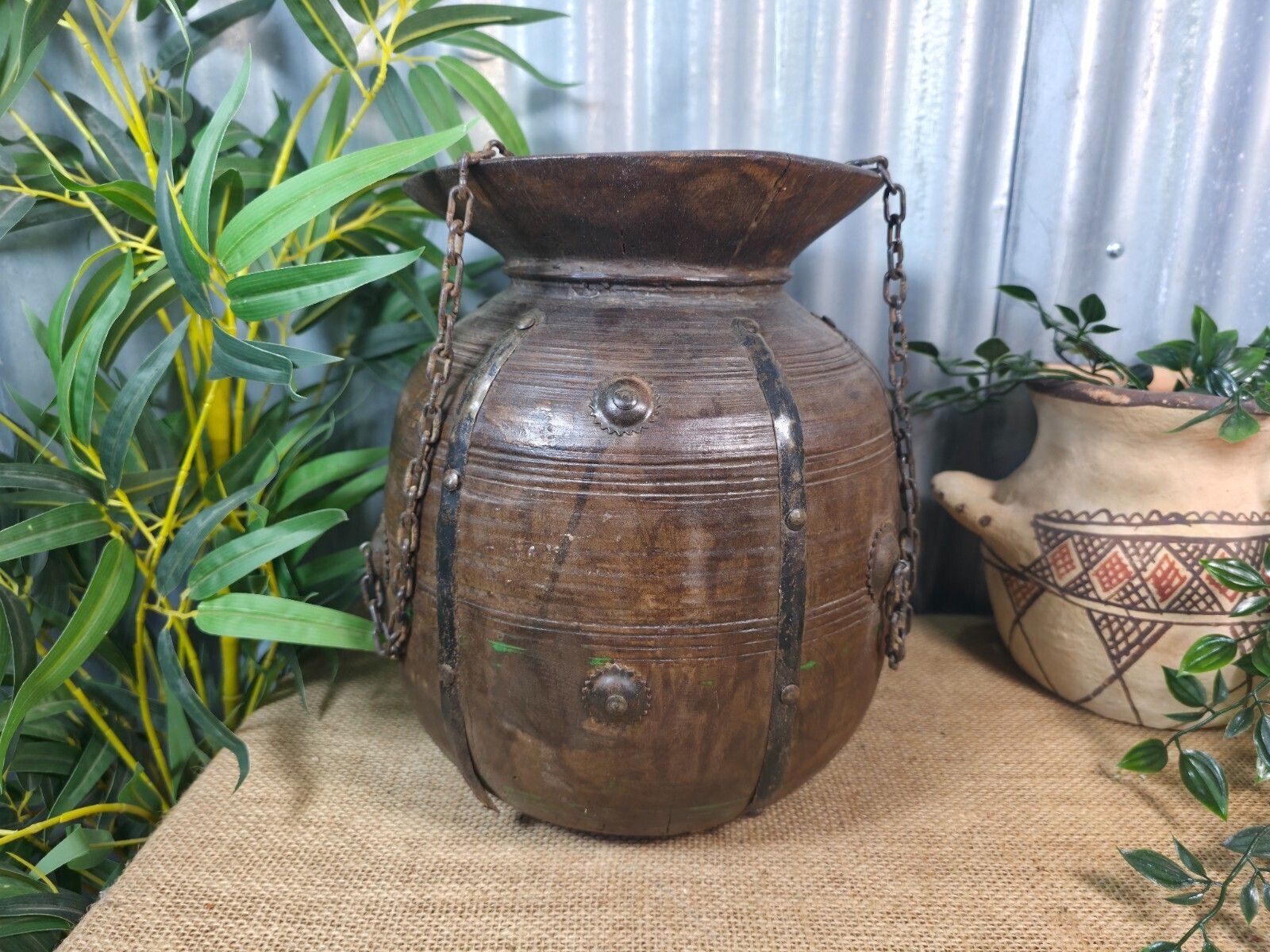 Vintage Antique Wabi Sabi Rustic Hanging Nepalese Wooden Water Curd Pot Vase photo for sale