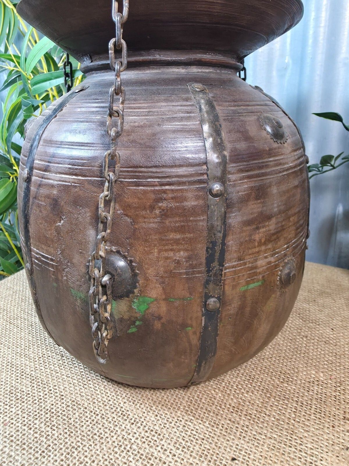 Vintage Antique Wabi Sabi Rustic Hanging Nepalese Wooden Water Curd Pot Vase photo vinterior