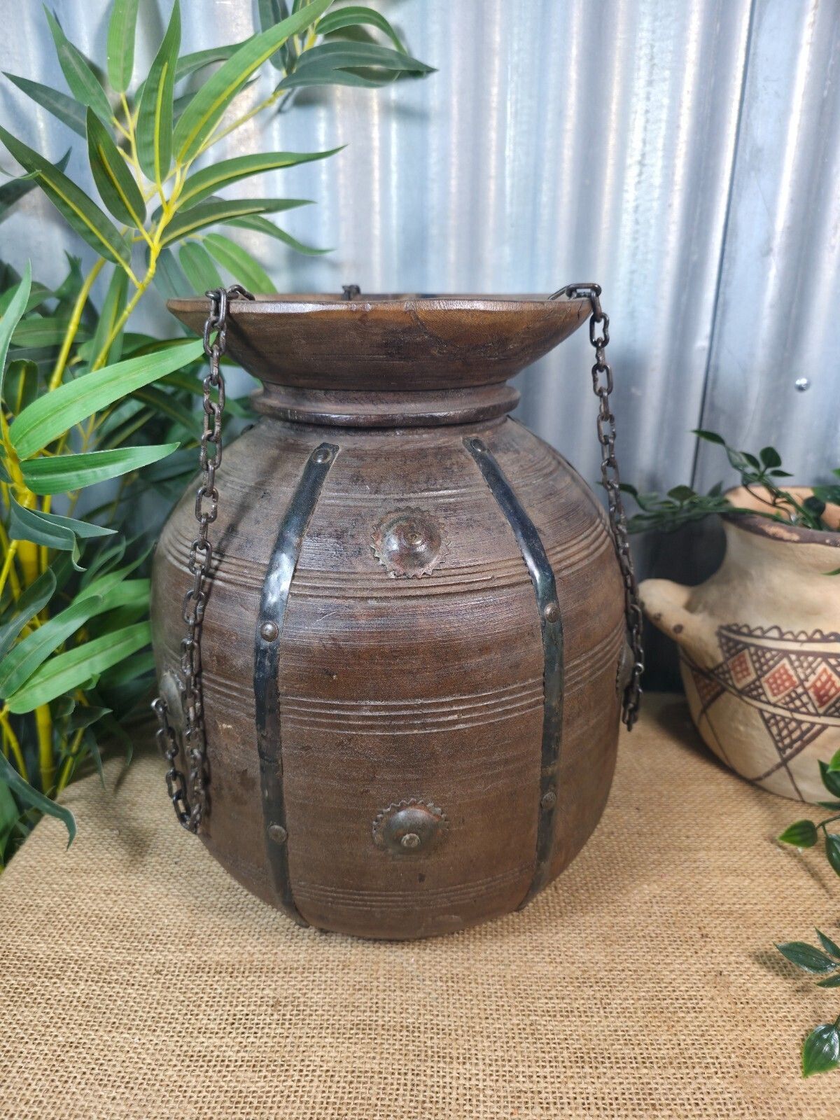 Vintage Antique Wabi Sabi Rustic Hanging Nepalese Wooden Water Curd Pot Vase photo for sale