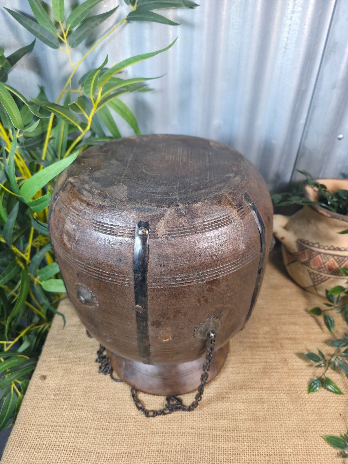 Vintage Antique Wabi Sabi Rustic Hanging Nepalese Wooden Water Curd Pot Vase photo buy