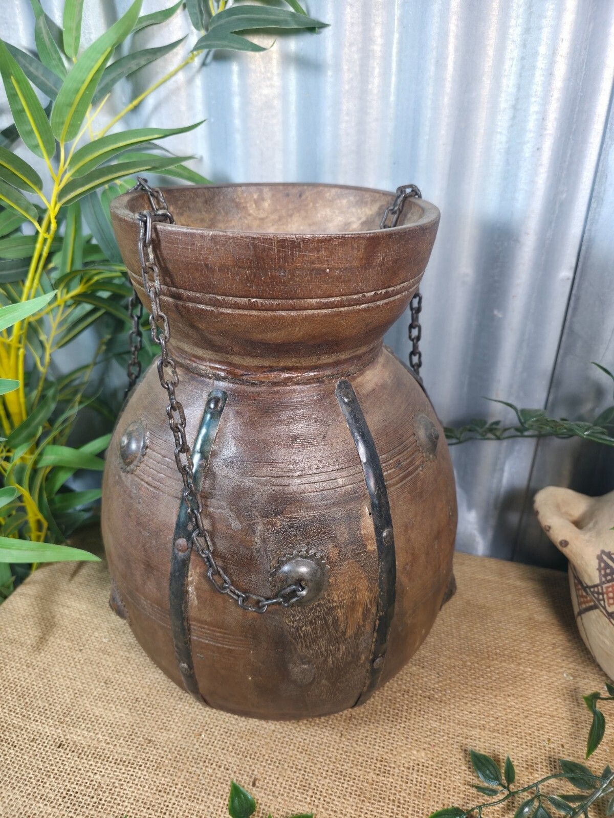 Vintage Antique Wabi Sabi Rustic Hanging Nepalese Wooden Water Curd Pot Vase photo 68.0