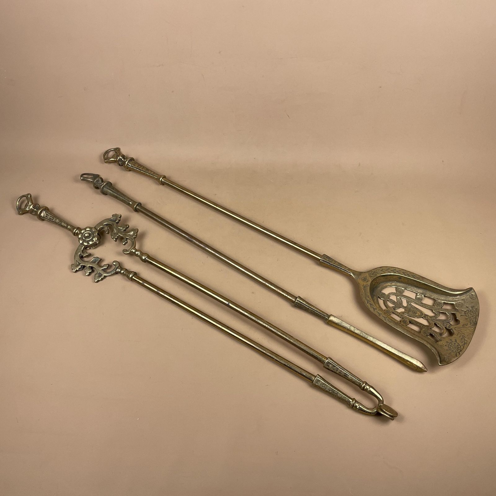 Vintage Brass Fireplace Tools Large Set Of 3 Hanging Heavy Fire Hearth Decor Gold Farmhouse Cottage Antique Style