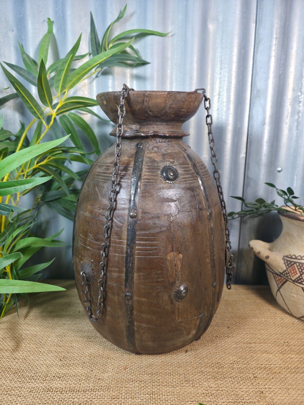 Vintage Antique Wabi Sabi Rustic Hanging Nepalese Wooden Water Curd Pot Vase photo furniture