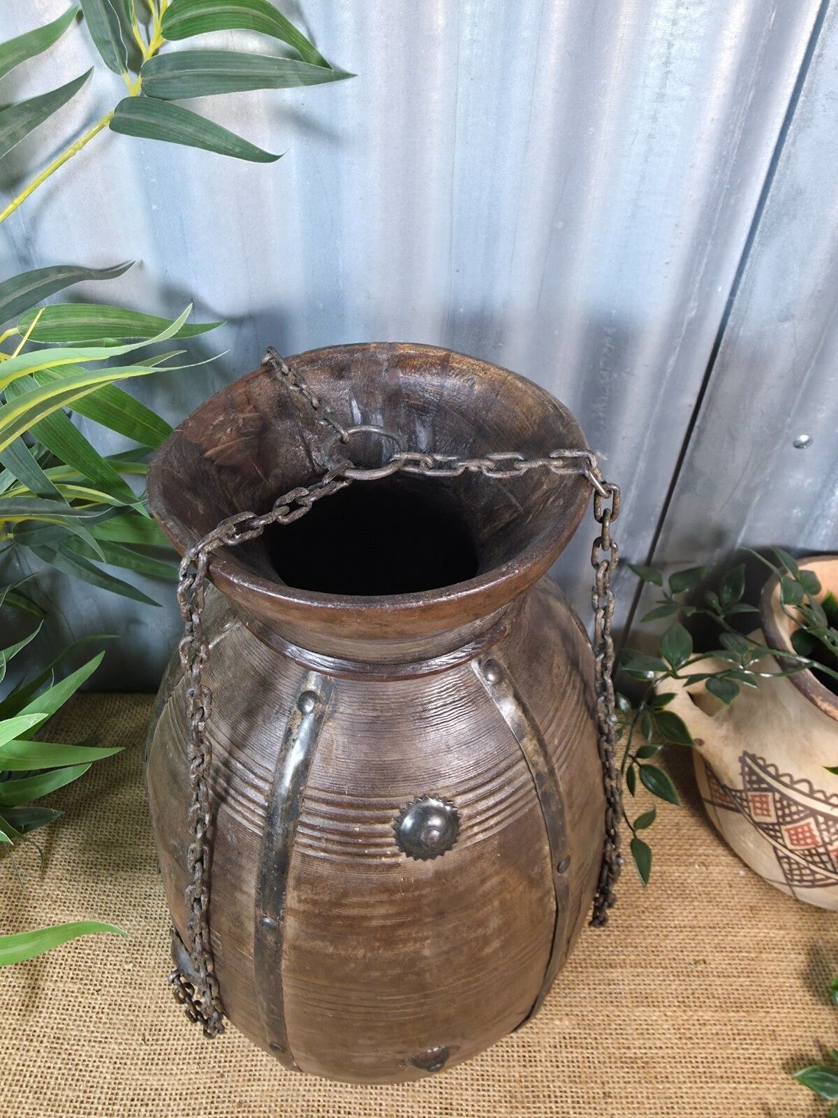 Vintage Antique Wabi Sabi Rustic Hanging Nepalese Wooden Water Curd Pot Vase photo 68.0