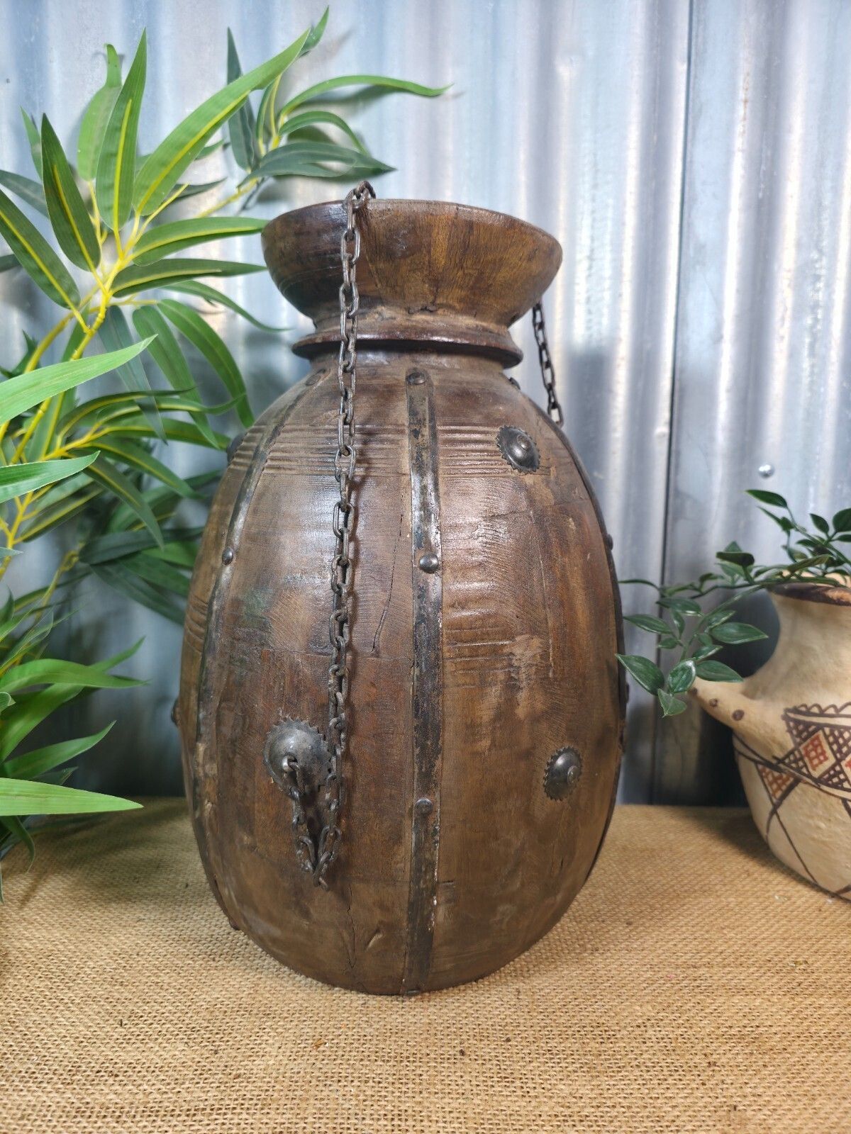 Vintage Antique Wabi Sabi Rustic Hanging Nepalese Wooden Water Curd Pot Vase photo vinterior