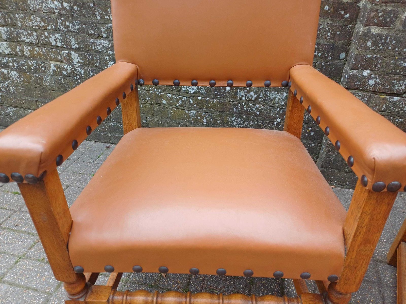 Pair Vintage Oak Carver Chairs Mid Century Dining Armchairs Studded Tan Vinyl Upholstery Post War Solid Wood Seats photo vinterior