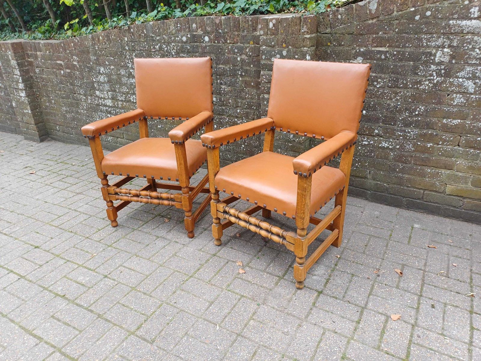 Furniture Pair Vintage Oak Carver Chairs Mid Century Dining Armchairs Studded Tan Vinyl Upholstery Post War Solid Wood Seats photo