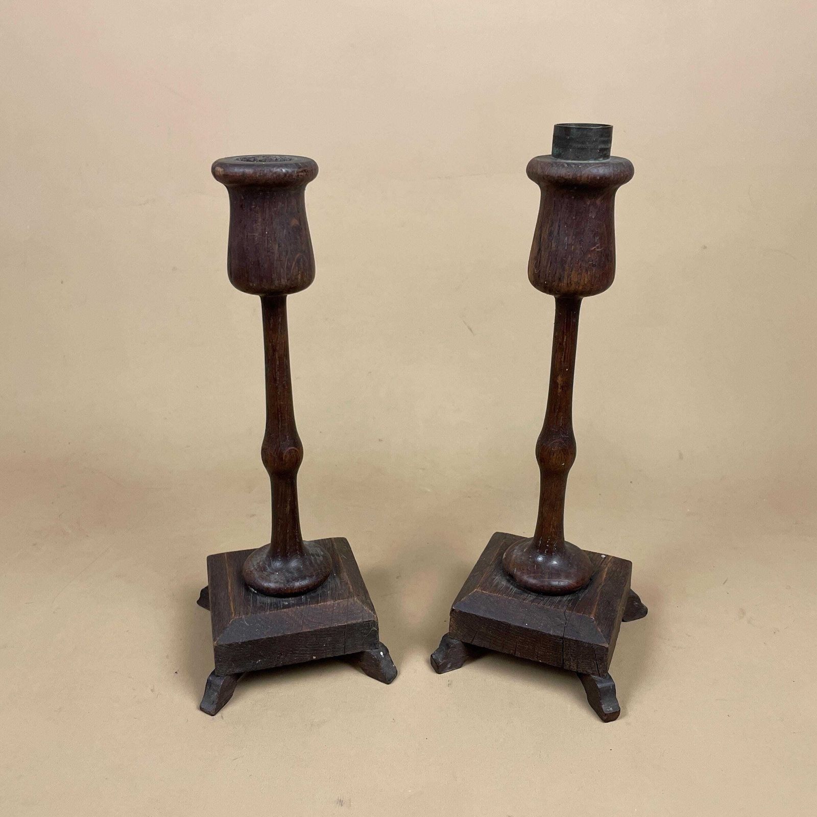 Matching Pair Of Wooden Candlestick Candle Stick Holder Vintage Dinner Candlesticks Wood Hand Crafted Carved Pillar Brown Old Antique