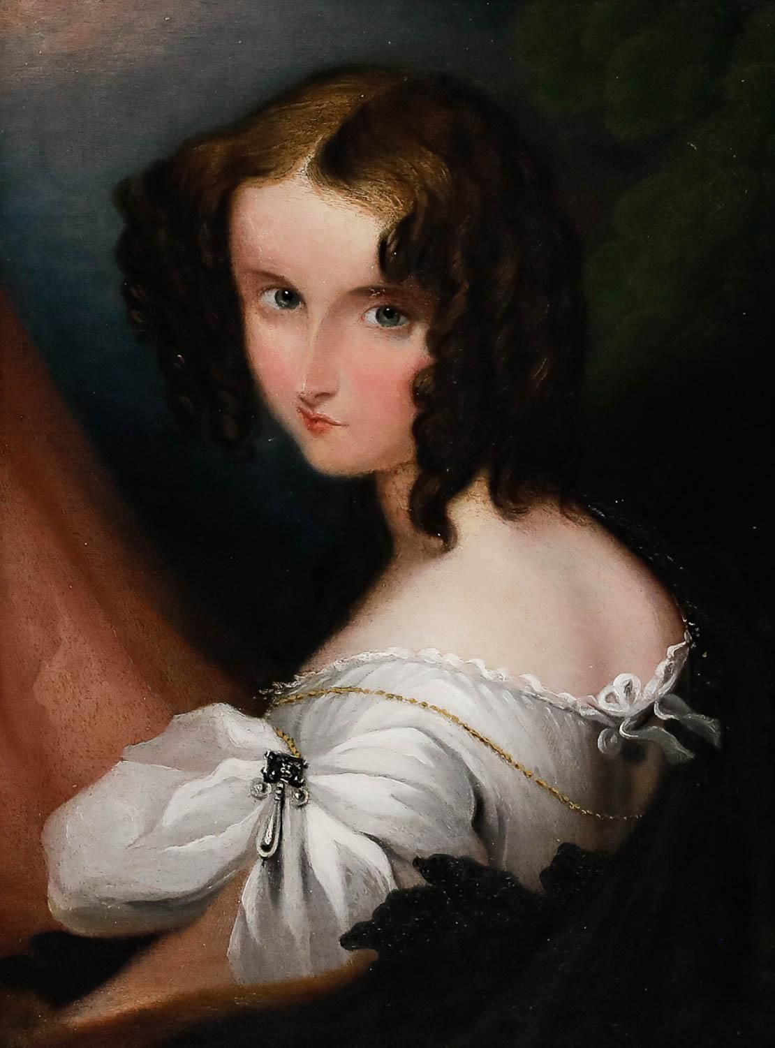 Romantic Mid 19th Century Oil Portrait Of A Young Lady With A Pearl Brooch photo furniture