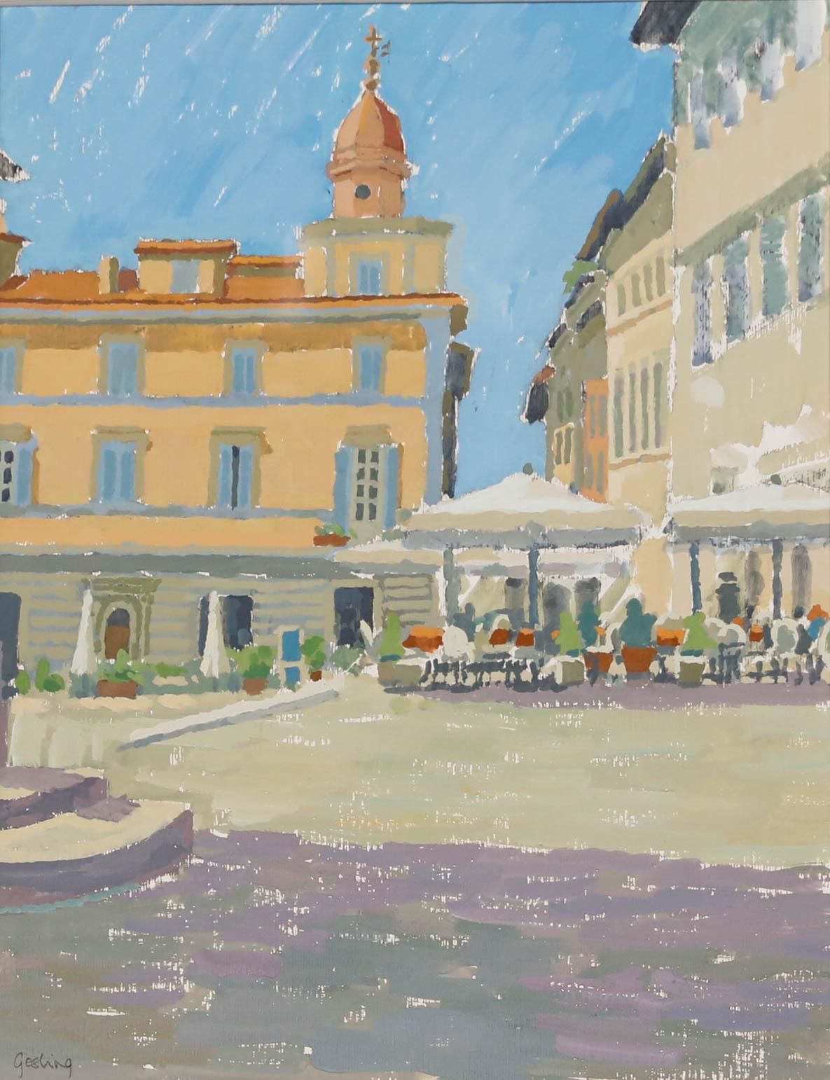 Annabel Gosling (B.1942) Contemporary Gouache, Mediterranean Plaza photo furniture