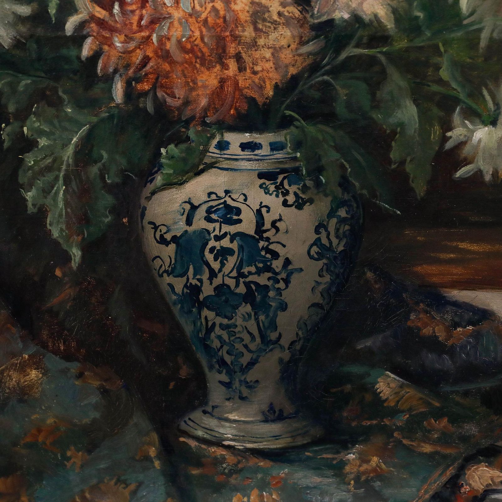 Jules Félix Ragot (1835 1912)  Framed Oil, Chrysanthemums In A Blue & White Vase photo buy