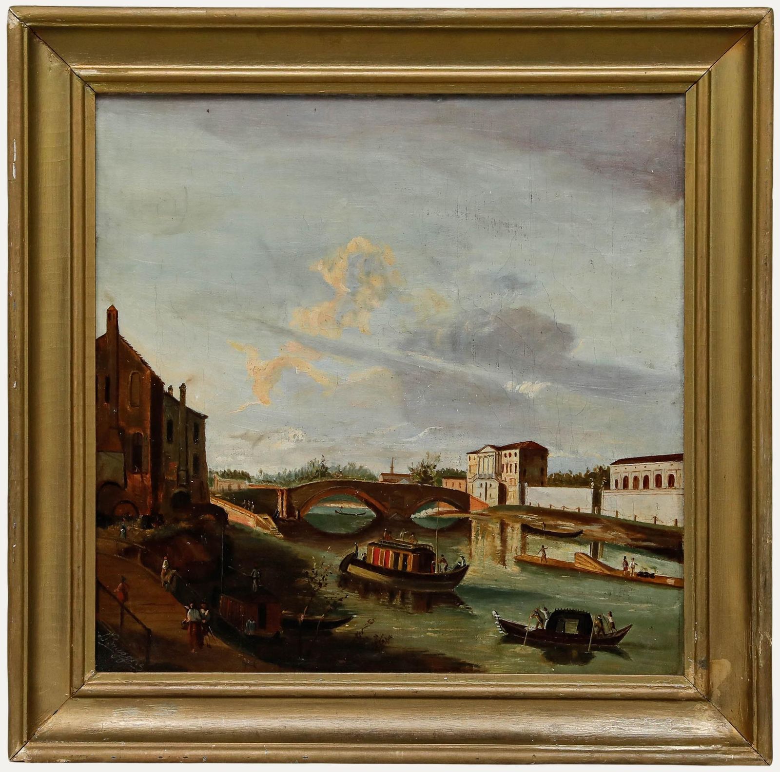 Framed 19th Century Oil Italian Waterway