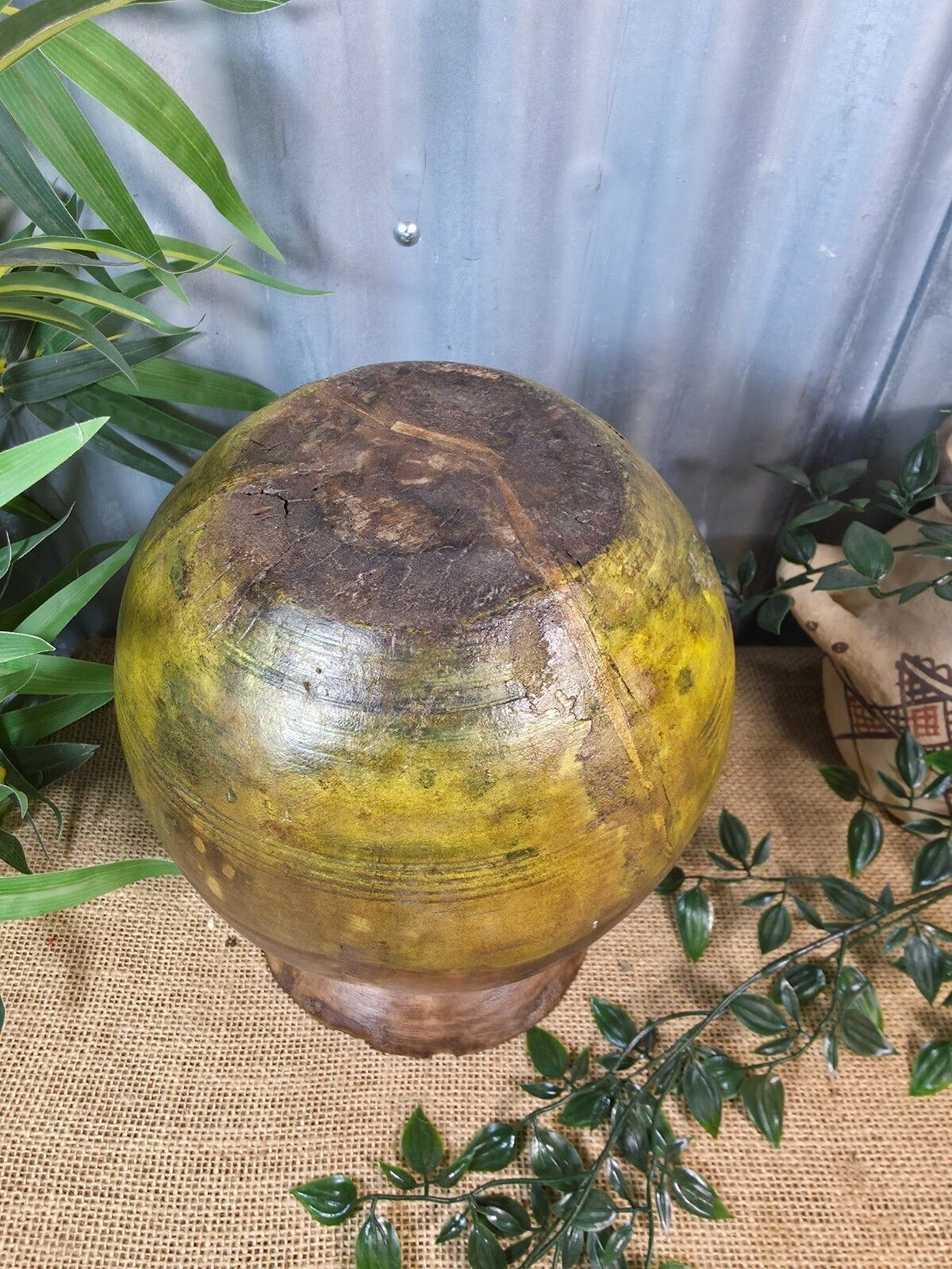 Vintage Antique Wabi Sabi Rustic Nepalese Turned Wooden Milk Water Curd Pot Vase photo buy