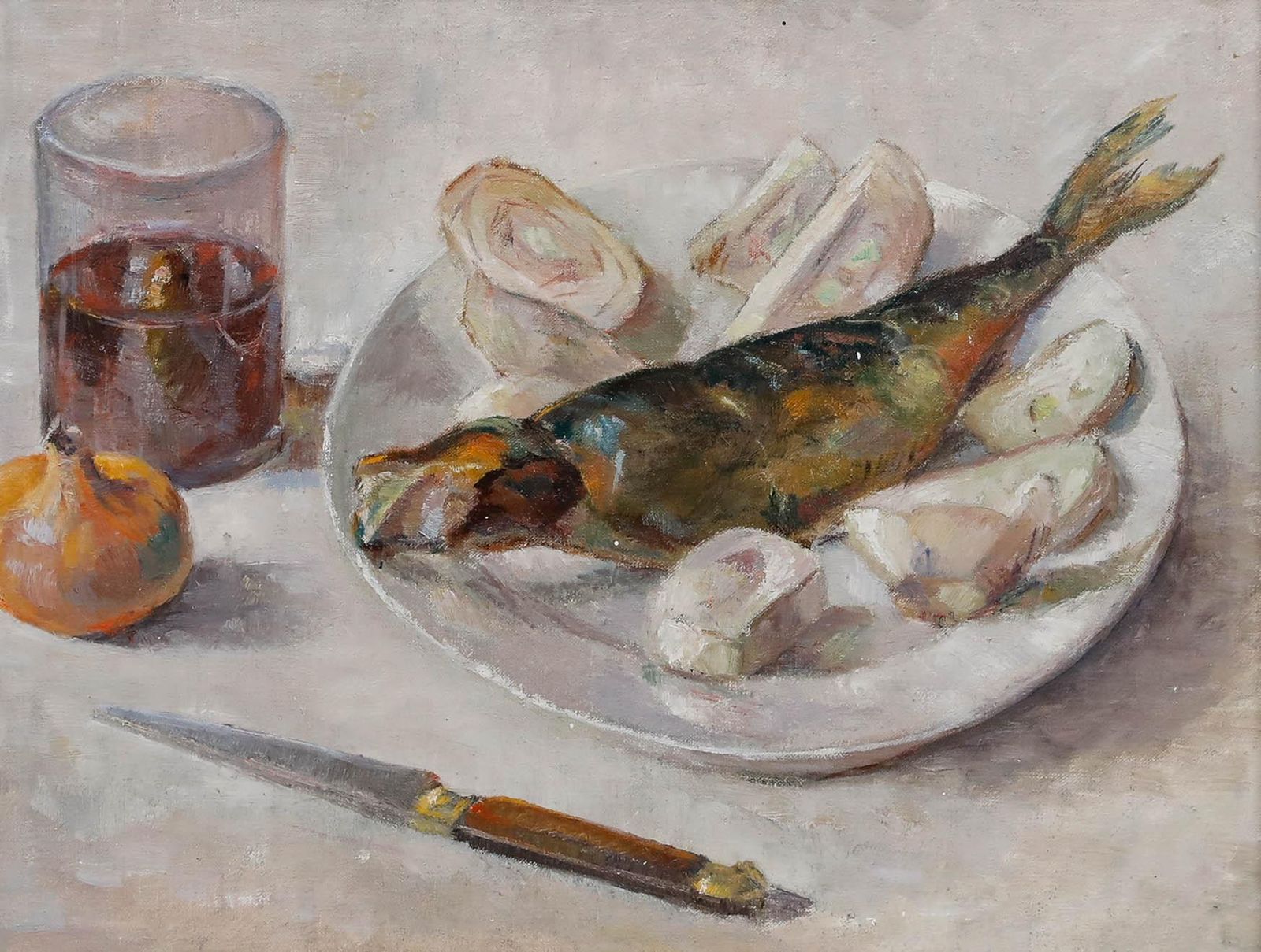 Framed Contemporary Oil Still Life Of Cooked Fish photo furniture