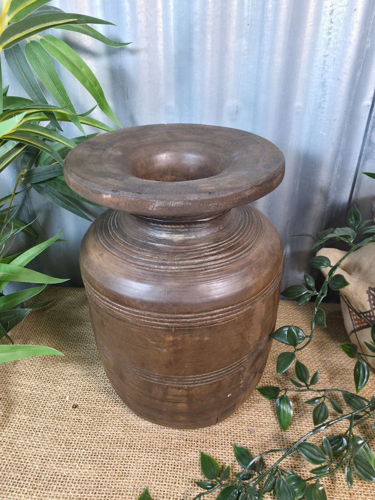 Vintage Antique Wabi Sabi Rustic Nepalese Turned Wooden Milk Water Curd Pot Vase photo for sale
