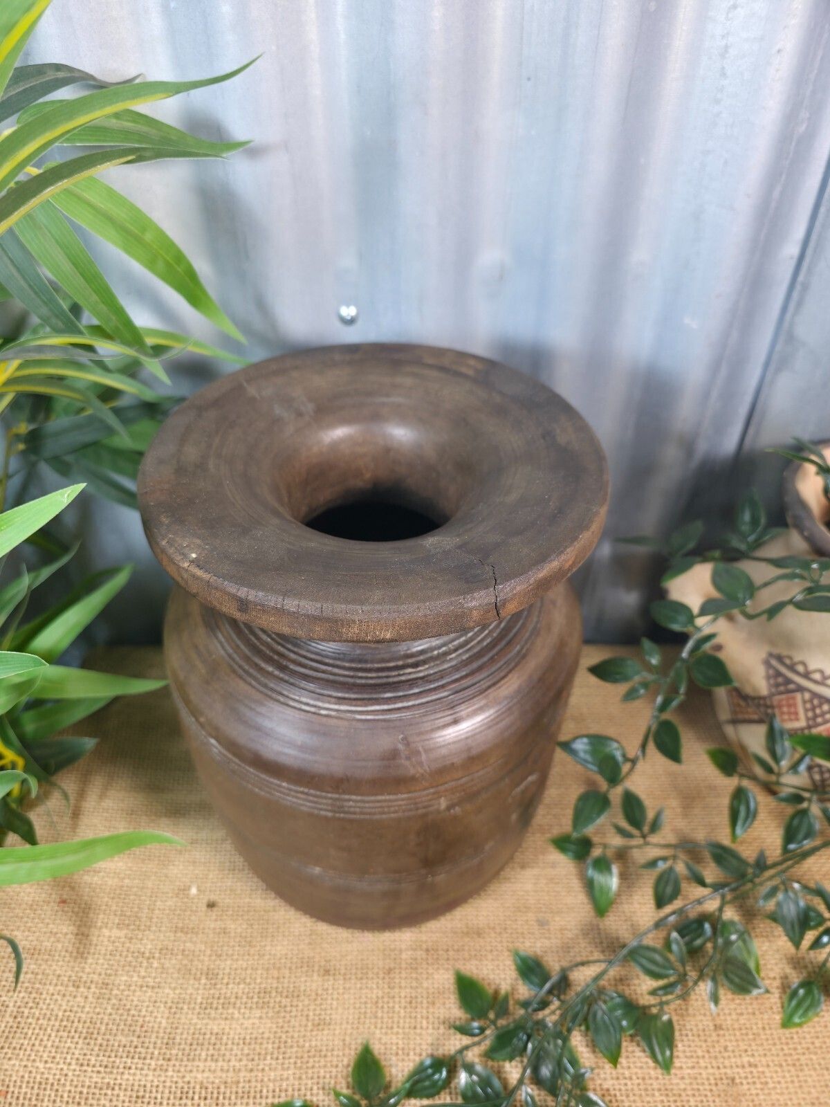Vintage Antique Wabi Sabi Rustic Nepalese Turned Wooden Milk Water Curd Pot Vase photo vinterior