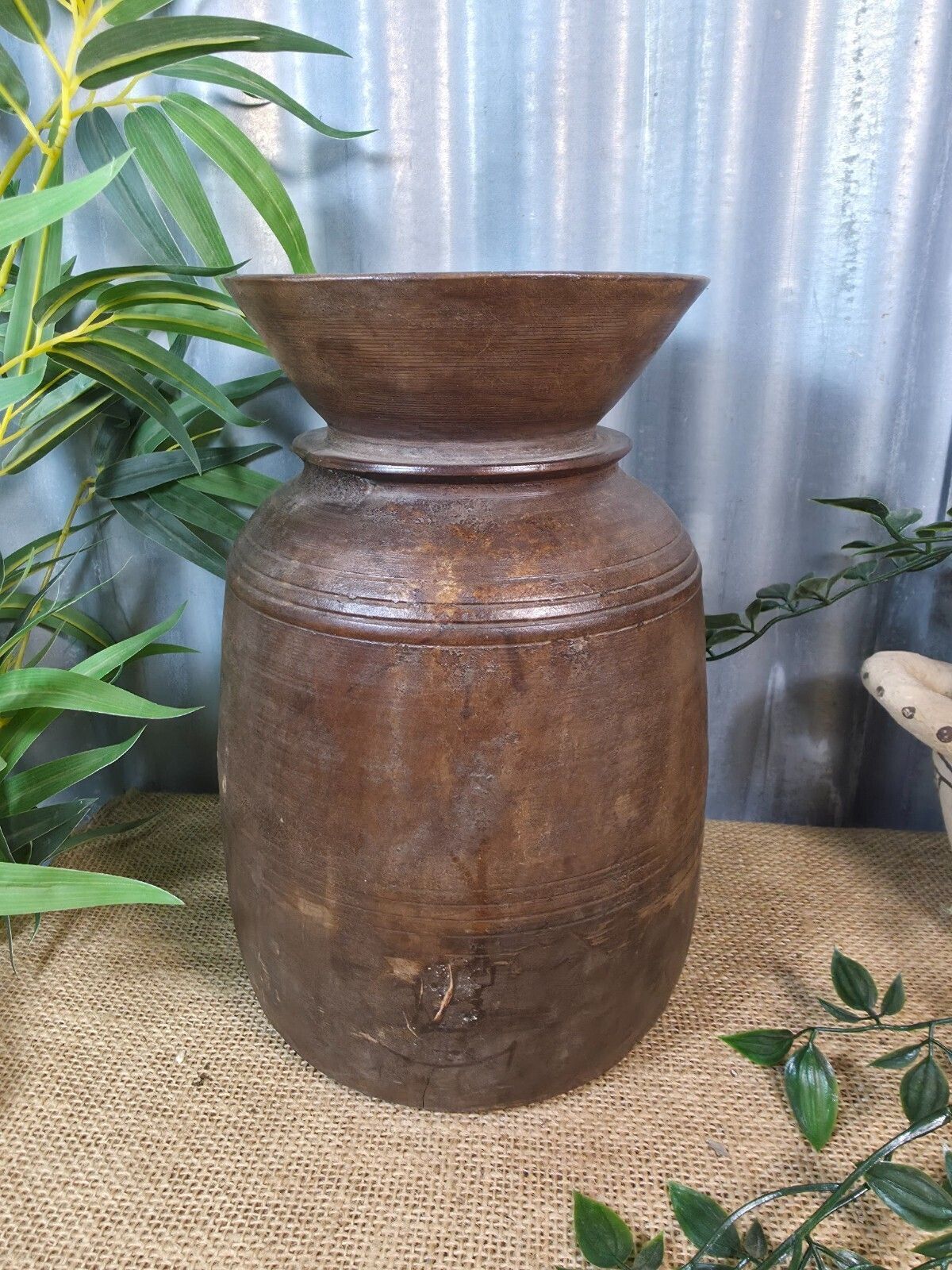 Vintage Antique Wabi Sabi Rustic Nepalese Turned Wooden Milk Water Curd Pot Vase photo for sale