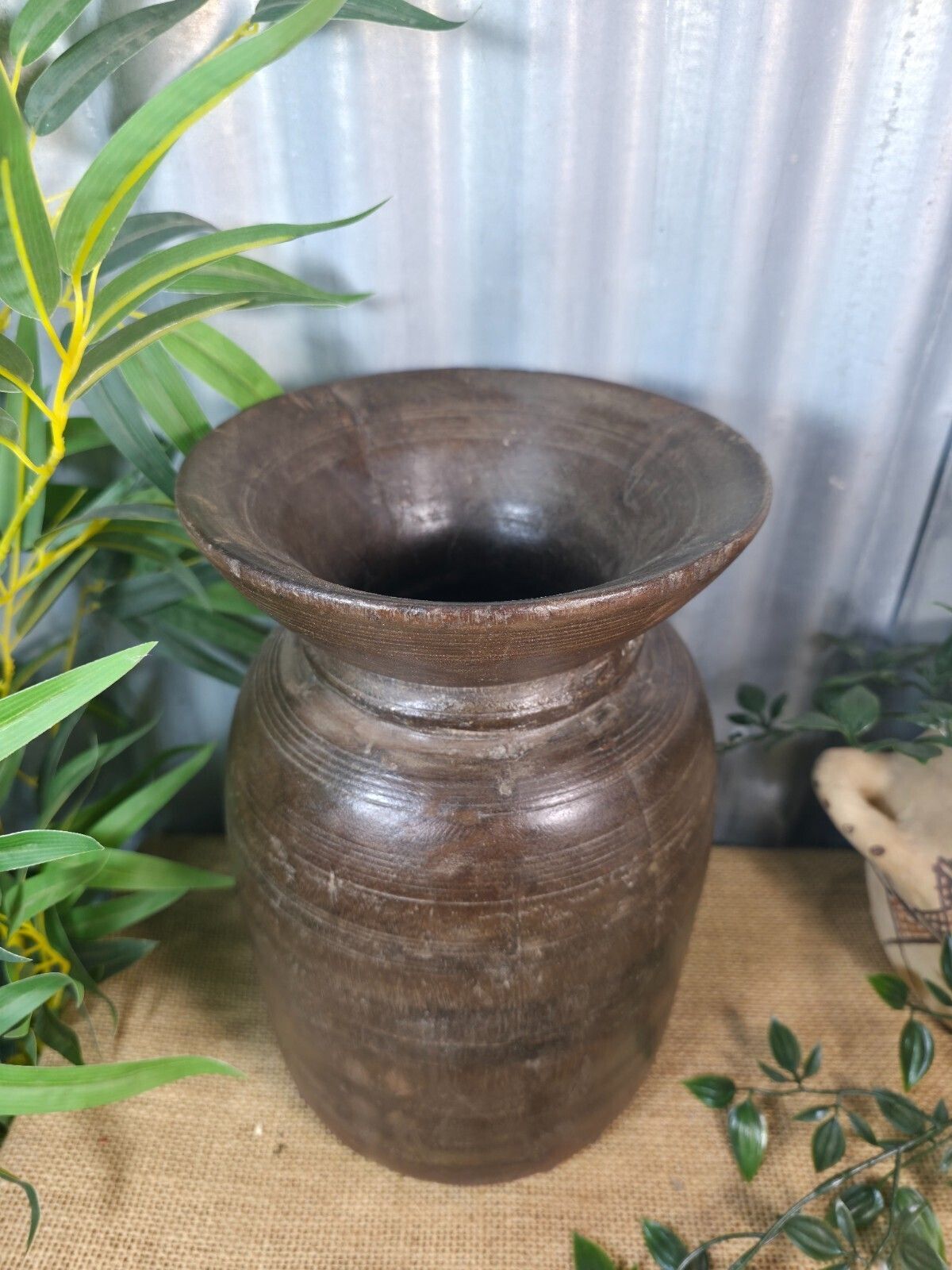 Vintage Antique Wabi Sabi Rustic Nepalese Turned Wooden Milk Water Curd Pot Vase photo for sale