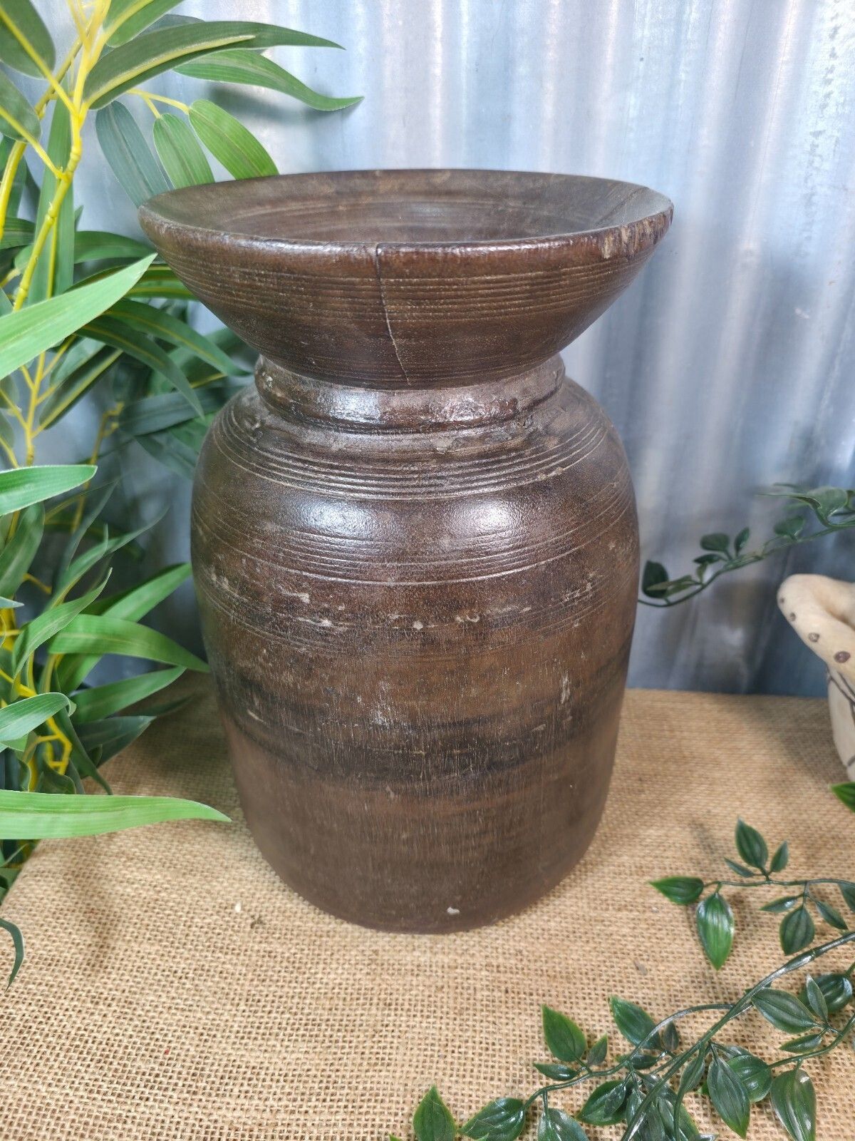Vintage Antique Wabi Sabi Rustic Nepalese Turned Wooden Milk Water Curd Pot Vase photo Home Decor