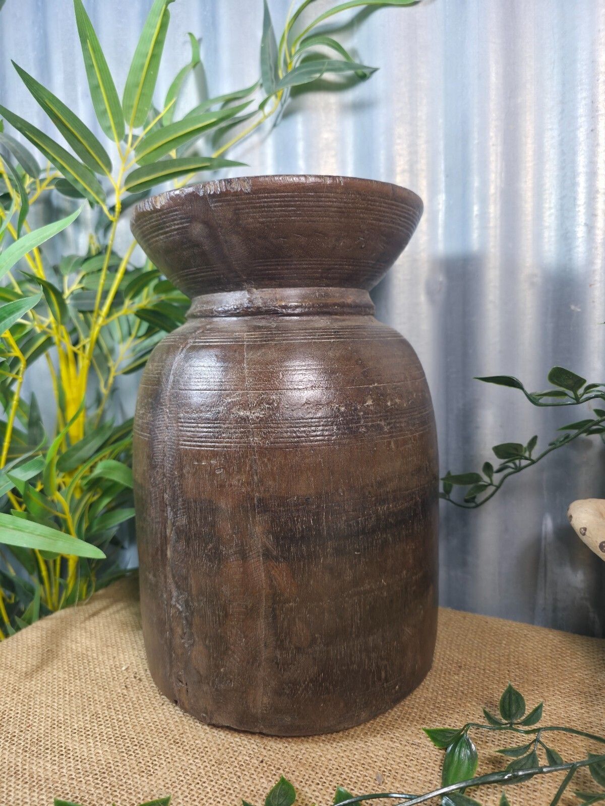 Vintage Antique Wabi Sabi Rustic Nepalese Turned Wooden Milk Water Curd Pot Vase photo 62.0