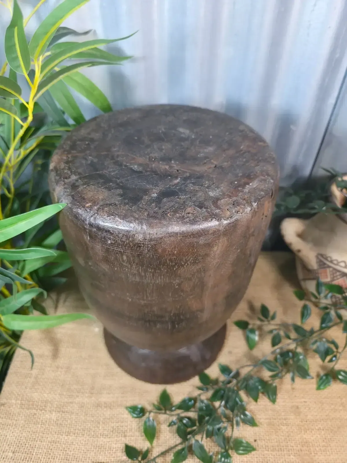 Vintage Antique Wabi Sabi Rustic Nepalese Turned Wooden Milk Water Curd Pot Vase photo vintage