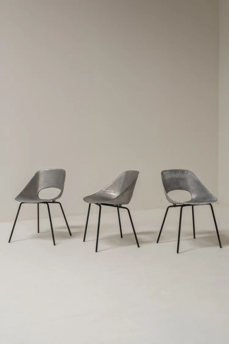 Set Of 3 Aluminum Tonneau Chairs By Pierre Guariche For Steiner, 1950s photo for sale