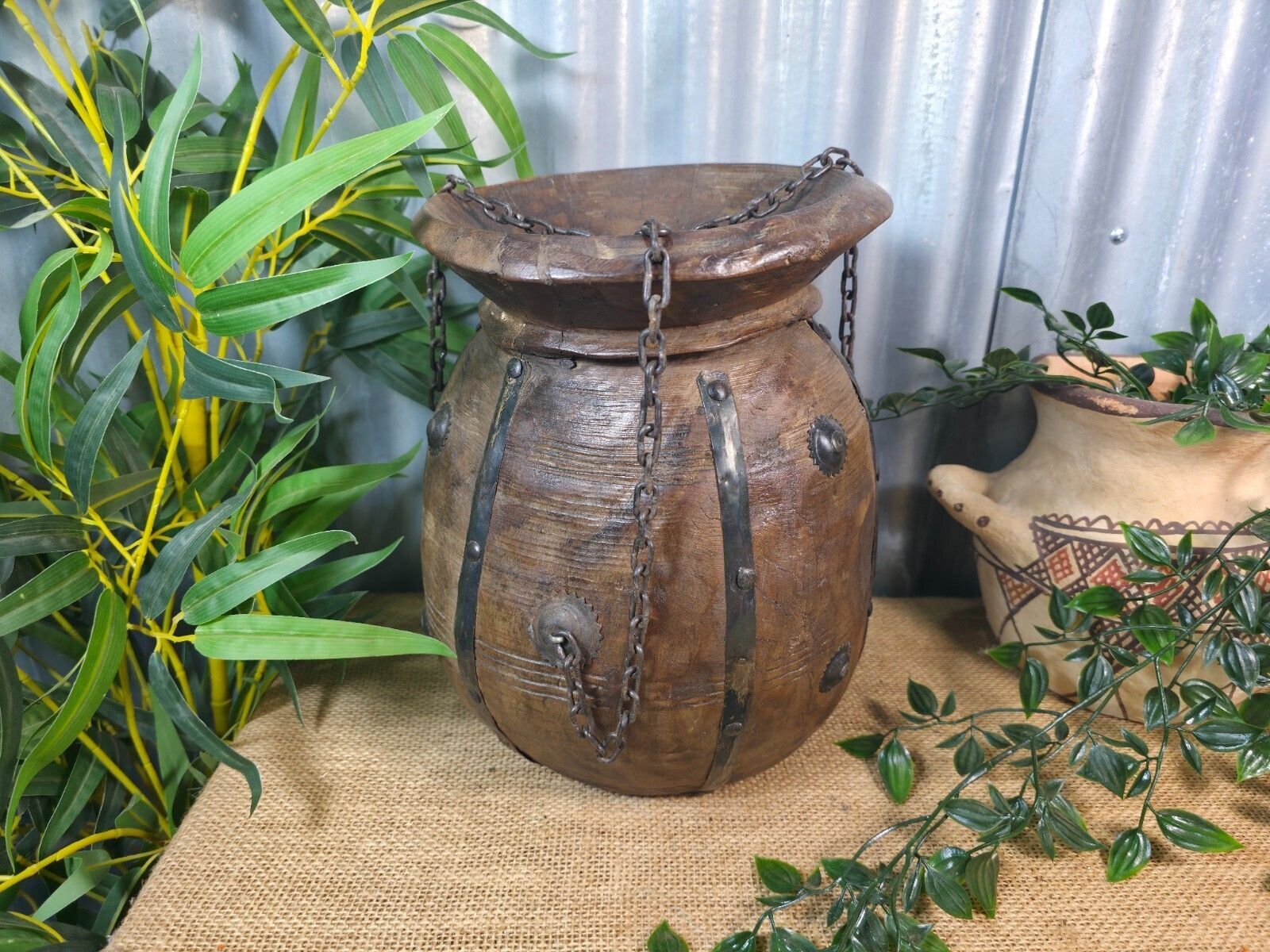 Vintage Antique Wabi Sabi Rustic Hanging Nepalese Wooden Water Curd Pot Vase