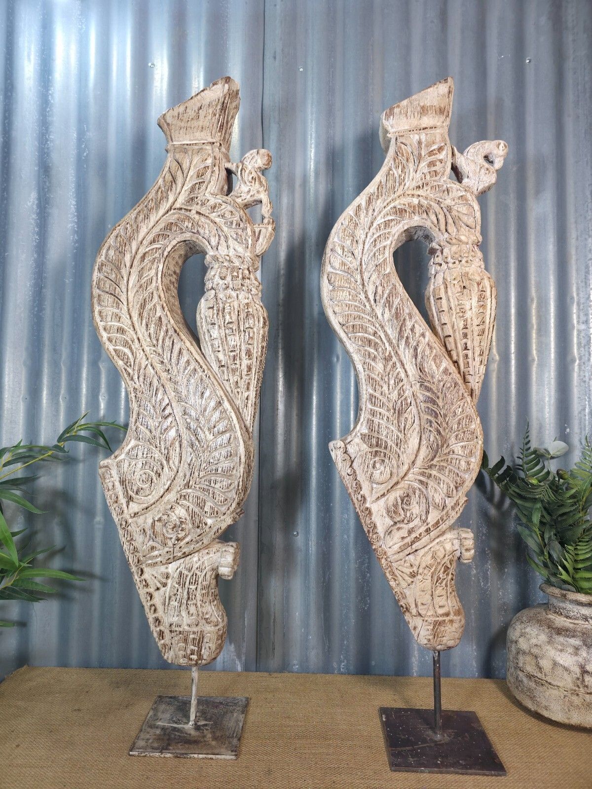 Pair Of Antique 19th Century Indian Hand Carved Wooden Architectural Corbels photo buy