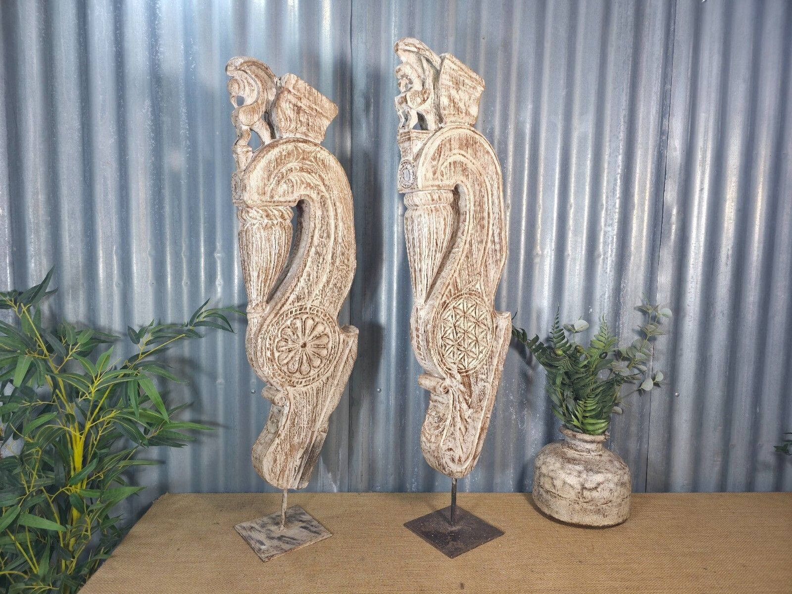 Pair Of Antique 19th Century Indian Hand Carved Wooden Architectural Corbels