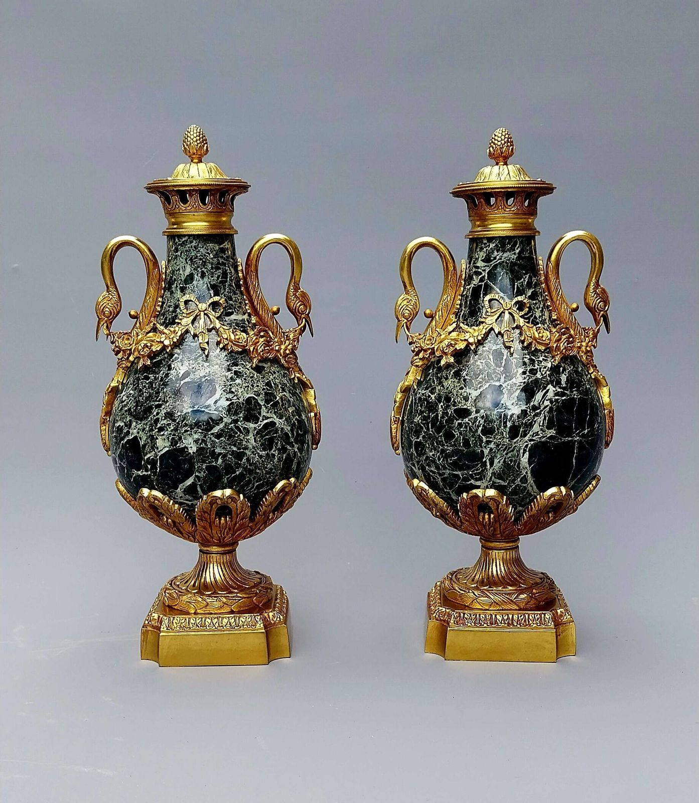 Large Pair Of Green French Antique Marble Cassolettes Urns French,  19th Century In The Louis XVI Style