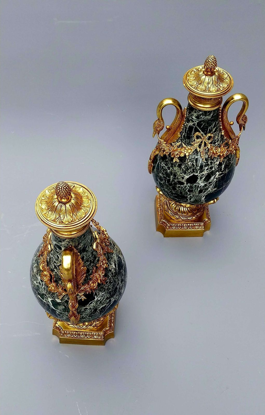 photo for sale Large Pair Of Green French Antique Marble Cassolettes Urns French,  19th Century In The Louis XVI Style