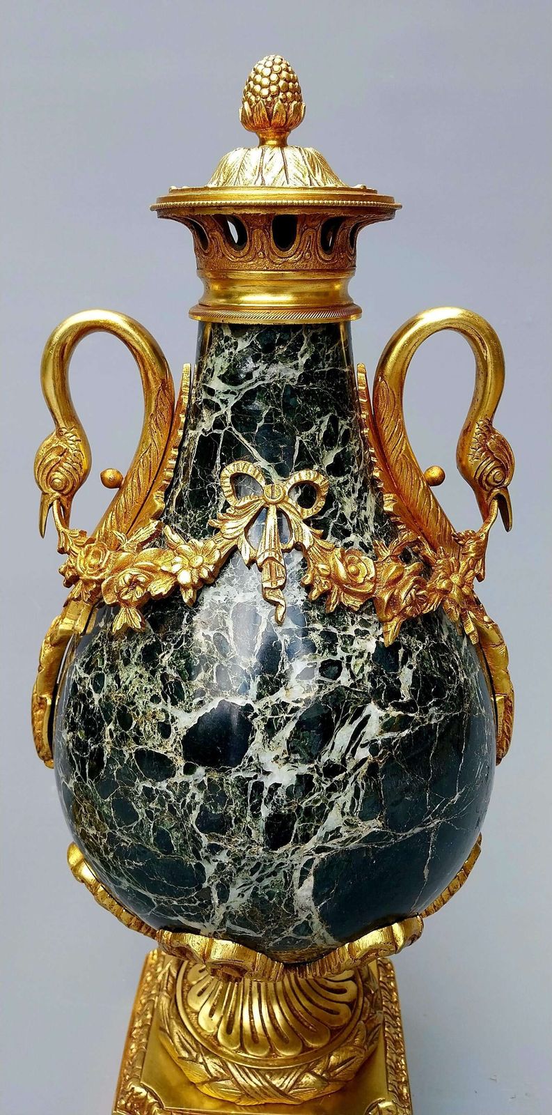 1650.0 Large Pair Of Green French Antique Marble Cassolettes Urns French,  19th Century In The Louis XVI Style photo