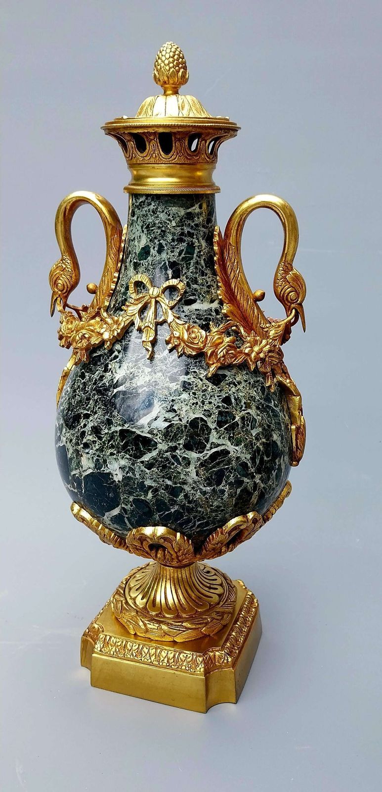 photo buy Large Pair Of Green French Antique Marble Cassolettes Urns French,  19th Century In The Louis XVI Style